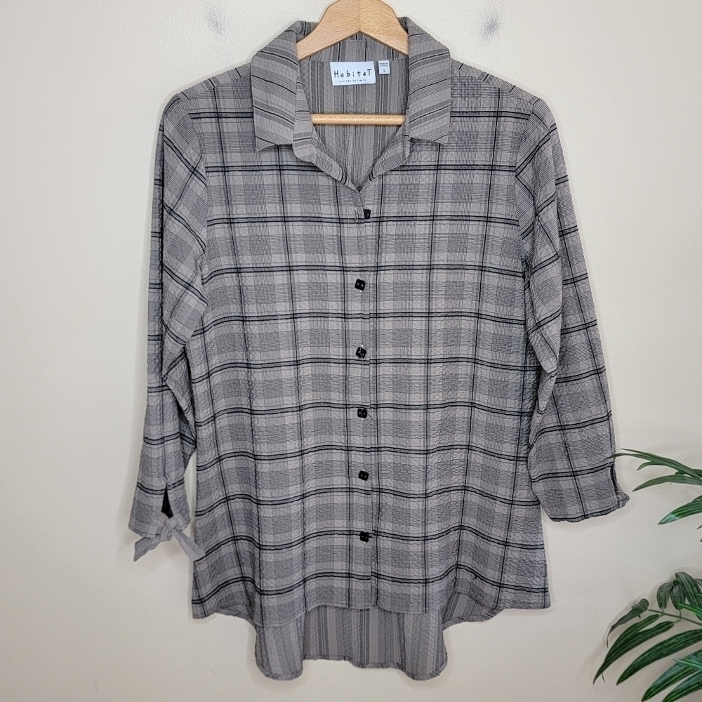 Habitat Clothes to Live In | Tan Plaid Striped Back Button Front Textured Shirt